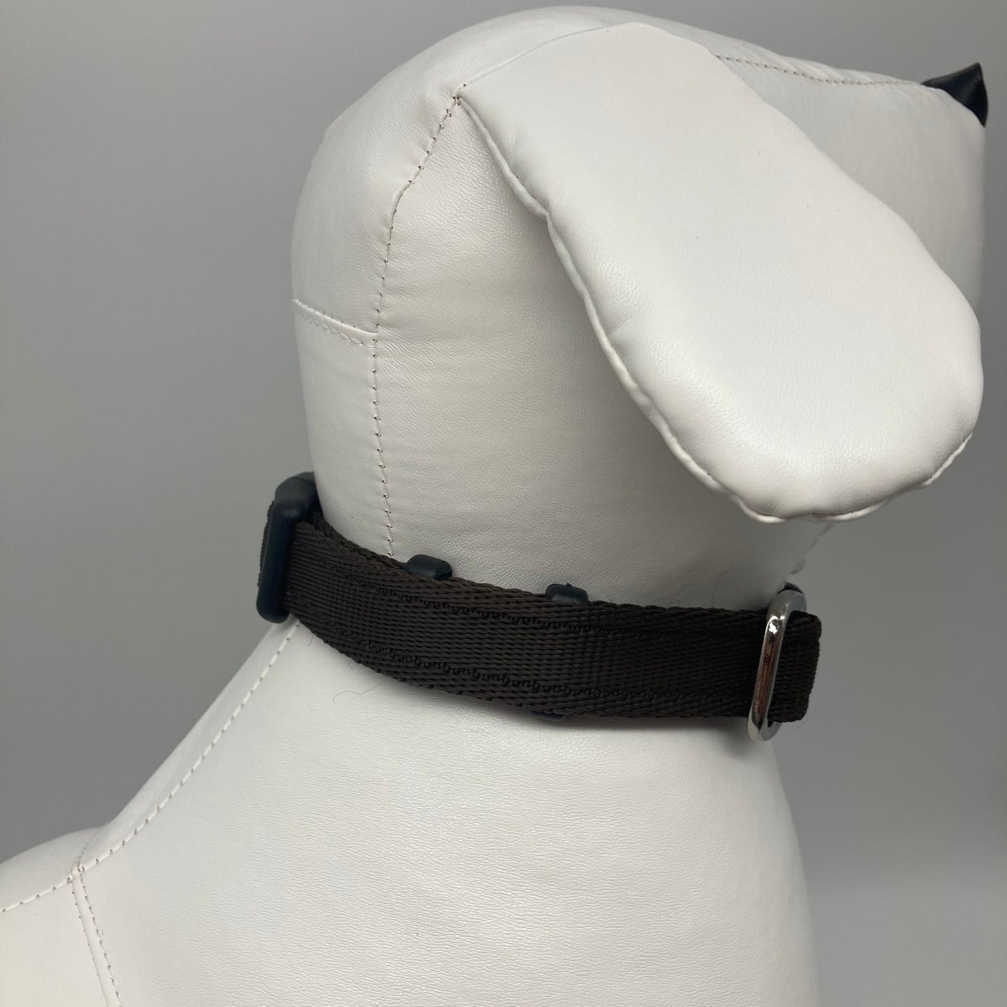brown collar displayed on a stuffed toy (dog), showing the back of the head and the collar from behind