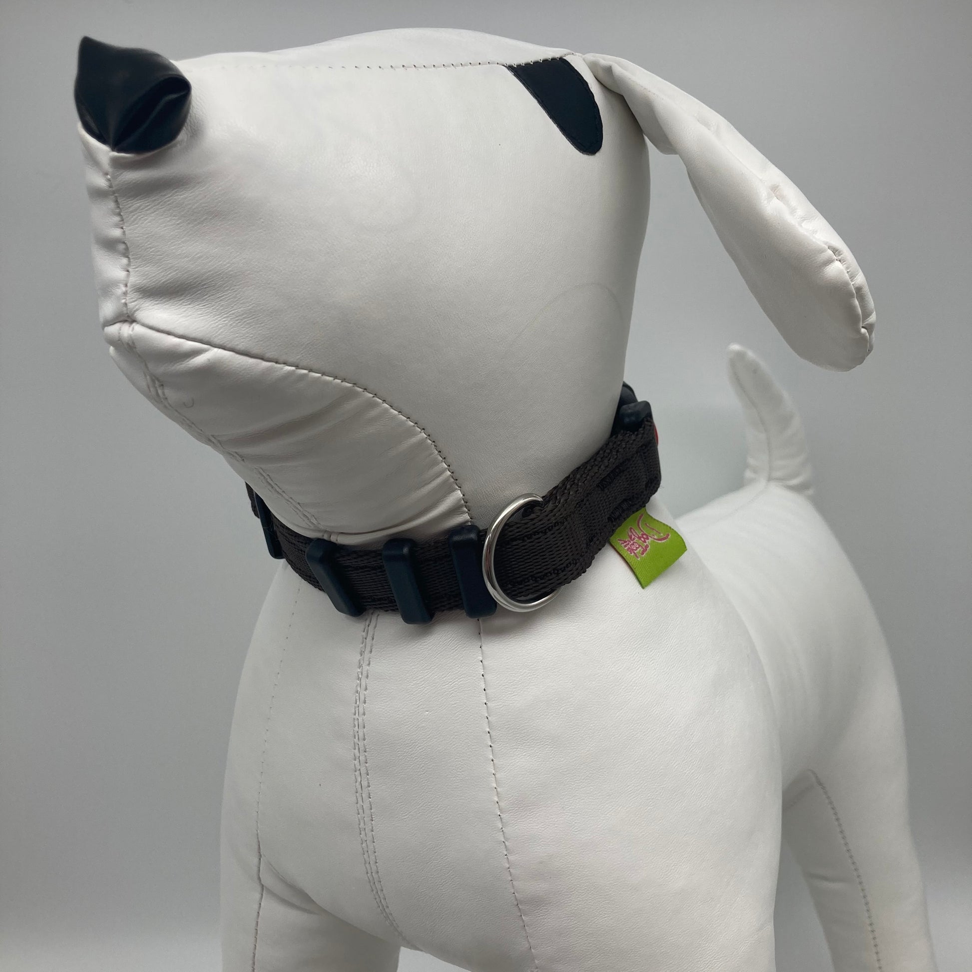 brown collar displayed on a stuffed toy (dog), from the front of the dog, showing its head and torso