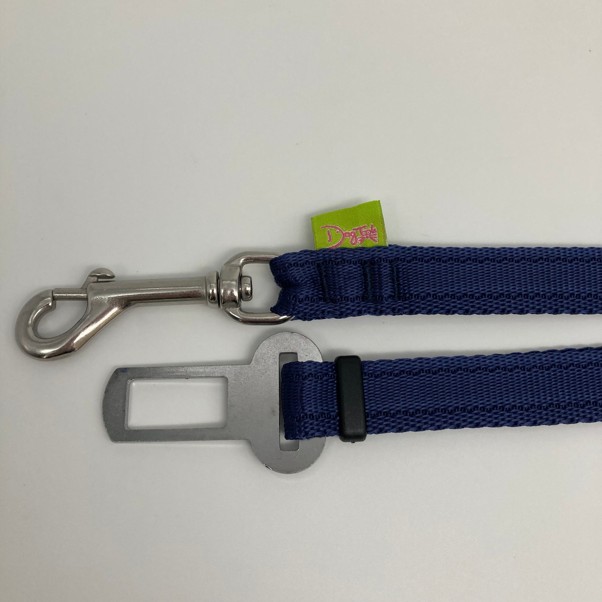 dark blue car safety belt, showing the stainless steel hook and the stainless steel buckle, applegreen label with the DogTools logo