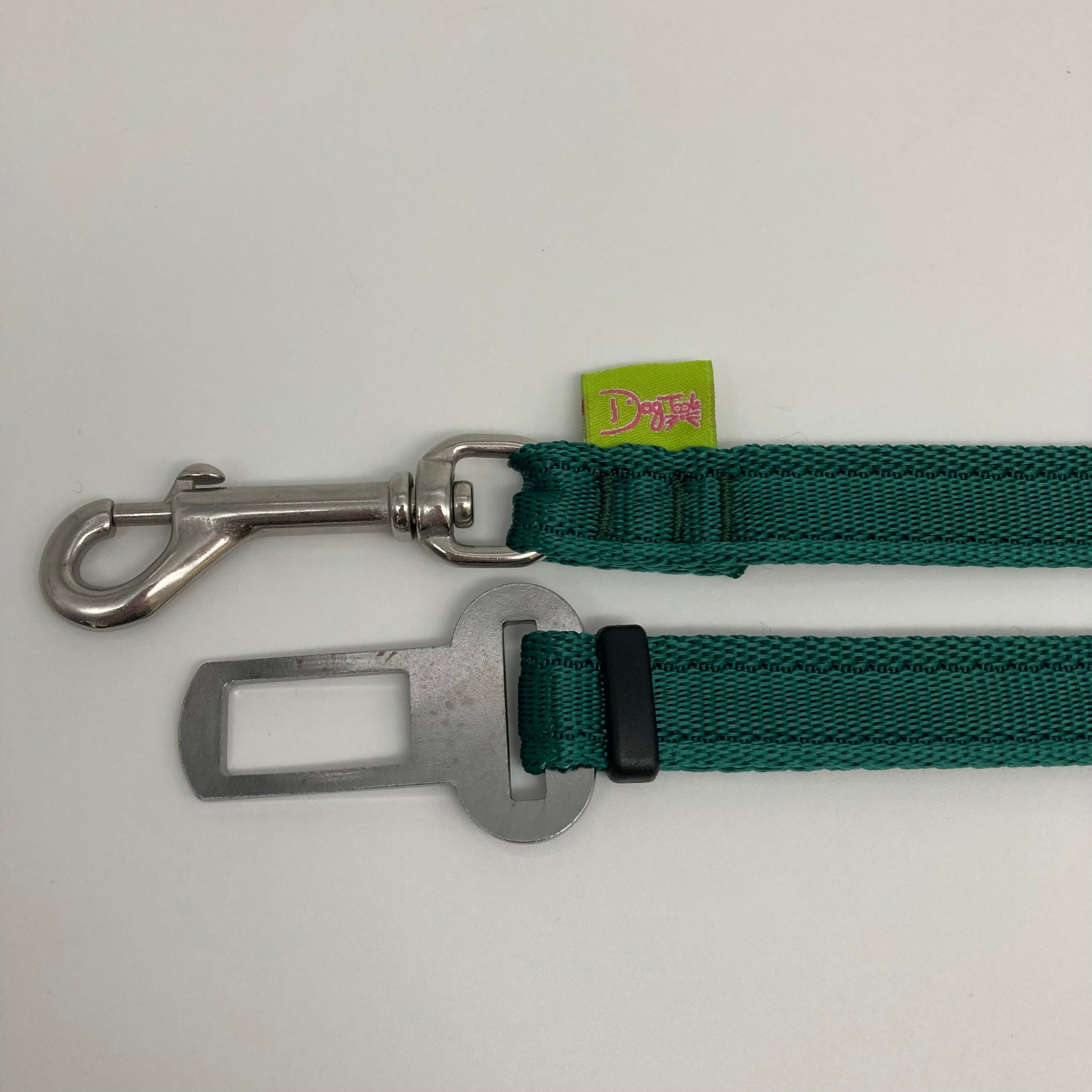green car safety belt, showing the stainless steel hook and the stainless steel buckle, applegreen label with the DogTools logo