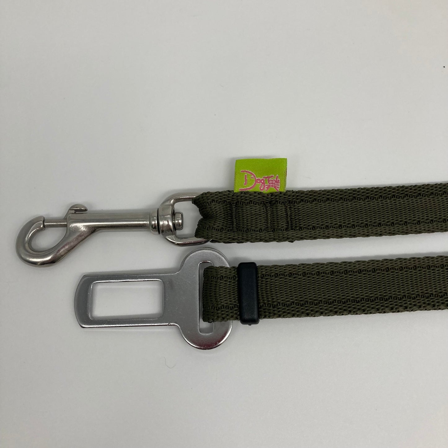 olive green car safety belt, showing the stainless steel hook and the stainless steel buckle, applegreen label with the DogTools logo