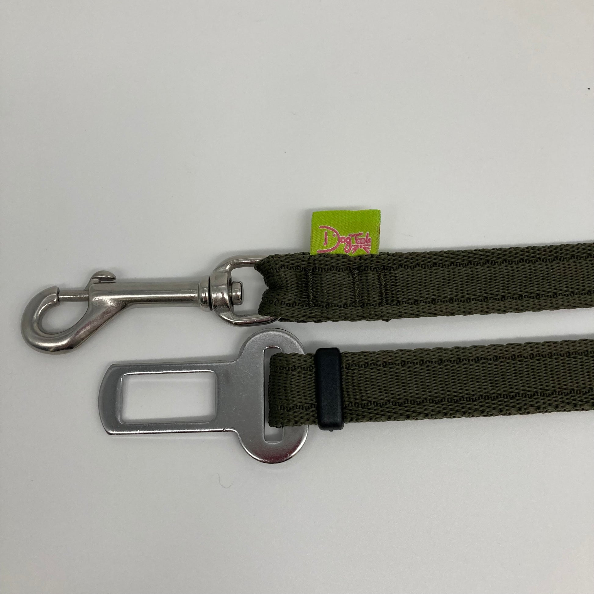 olive green car safety belt, showing the stainless steel hook and the stainless steel buckle, applegreen label with the DogTools logo