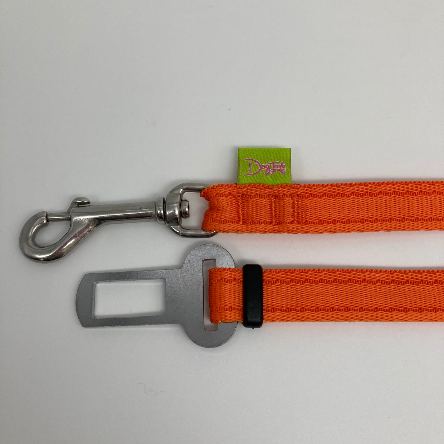 orange car safety belt, showing the stainless steel hook and the stainless steel buckle, applegreen label with the DogTools logo