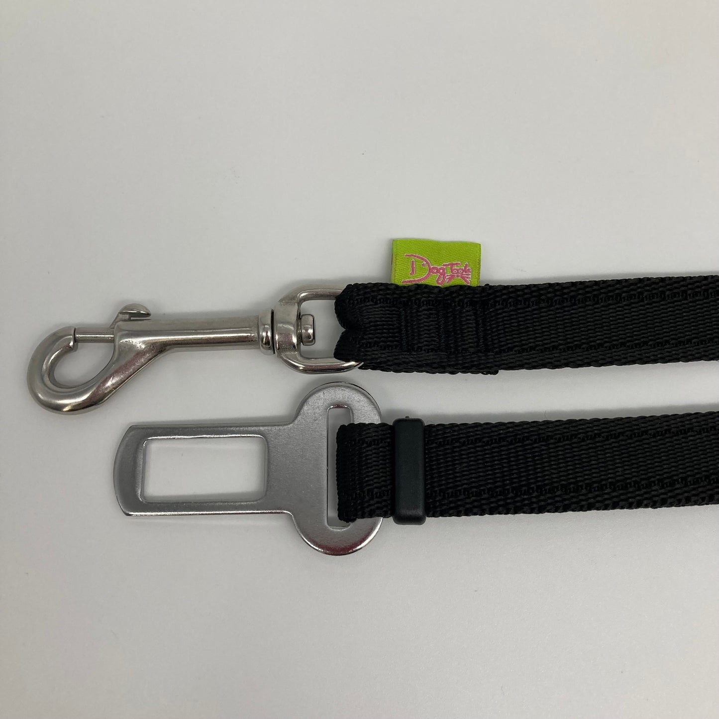 black car safety belt, showing the stainless steel hook and the stainless steel buckle, applegreen label with the DogTools logo