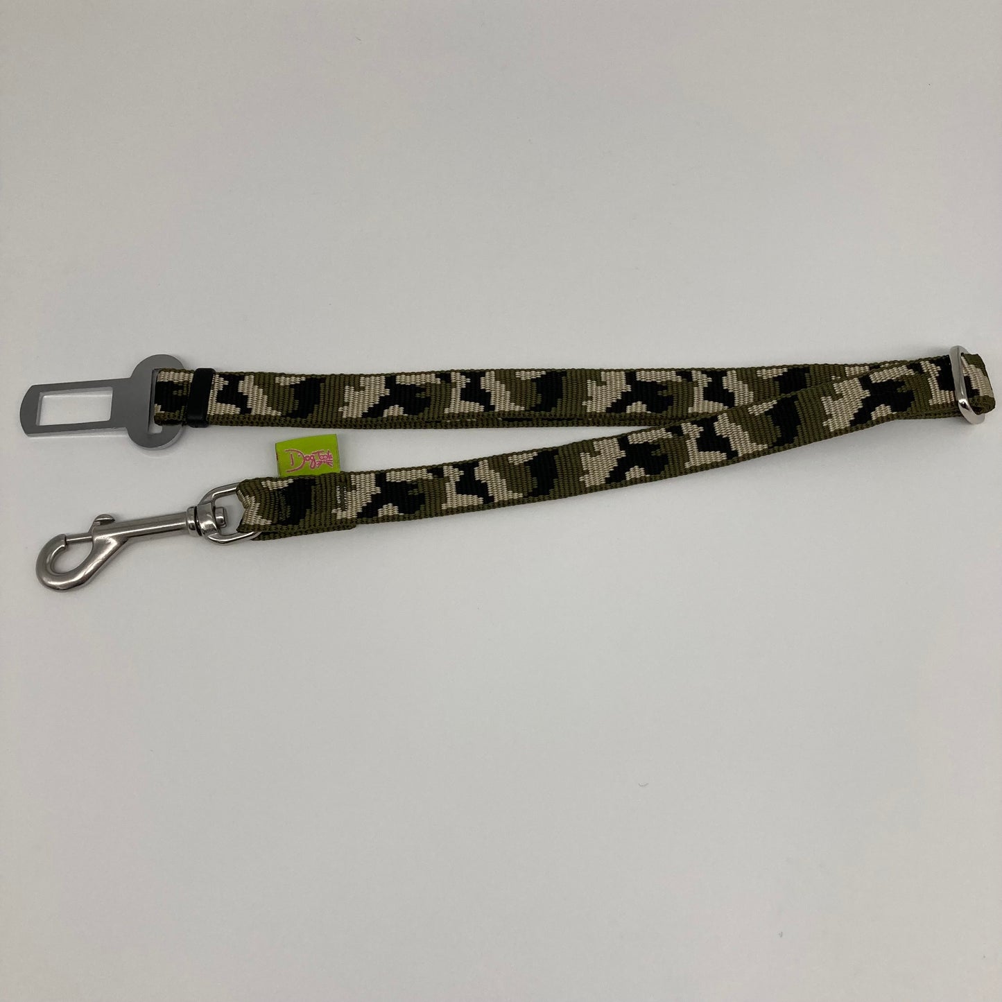 army green (army print in 3 colors, olive green, beige and black) car safety belt, showing in full, horizontally