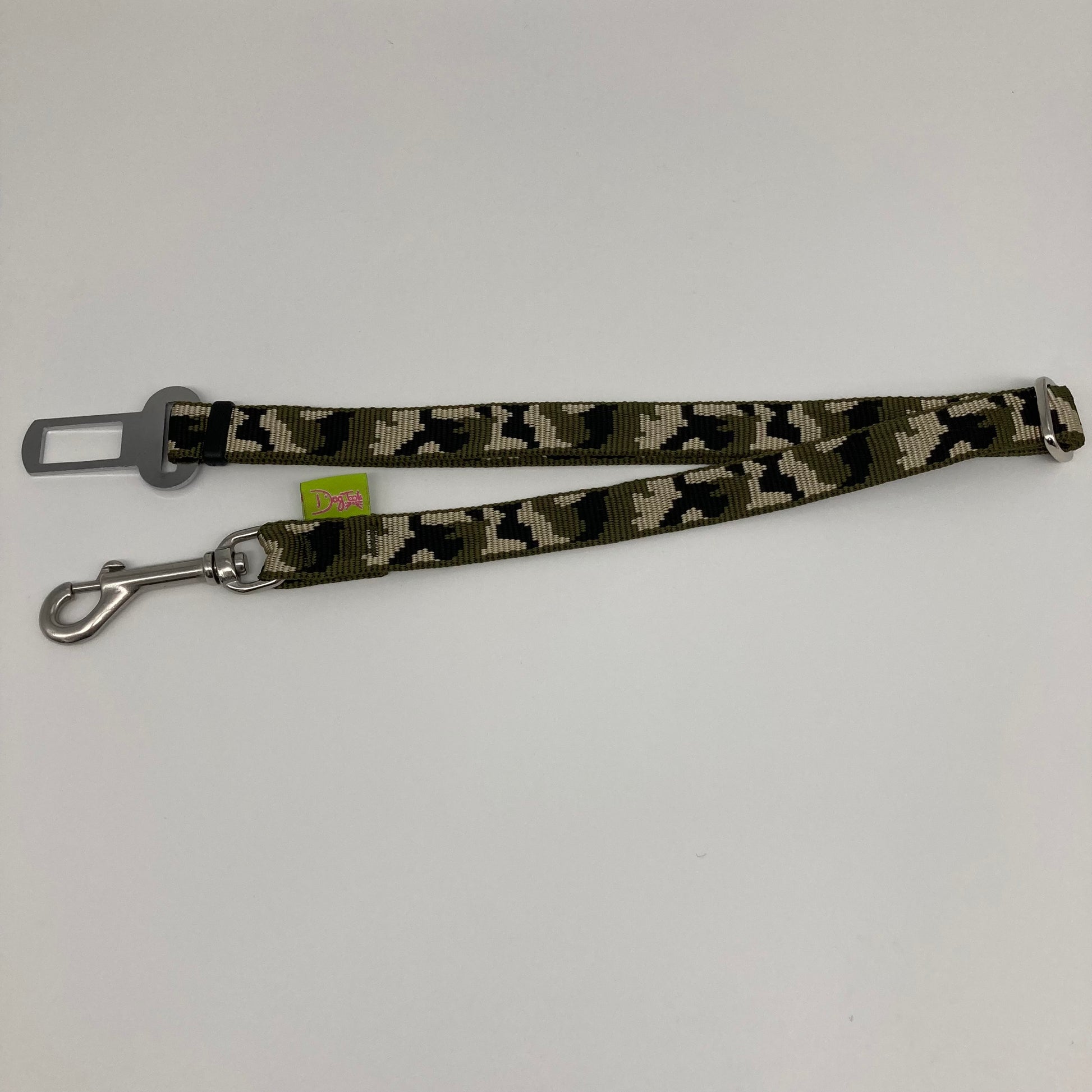 army green (army print in 3 colors, olive green, beige and black) car safety belt, showing in full, horizontally