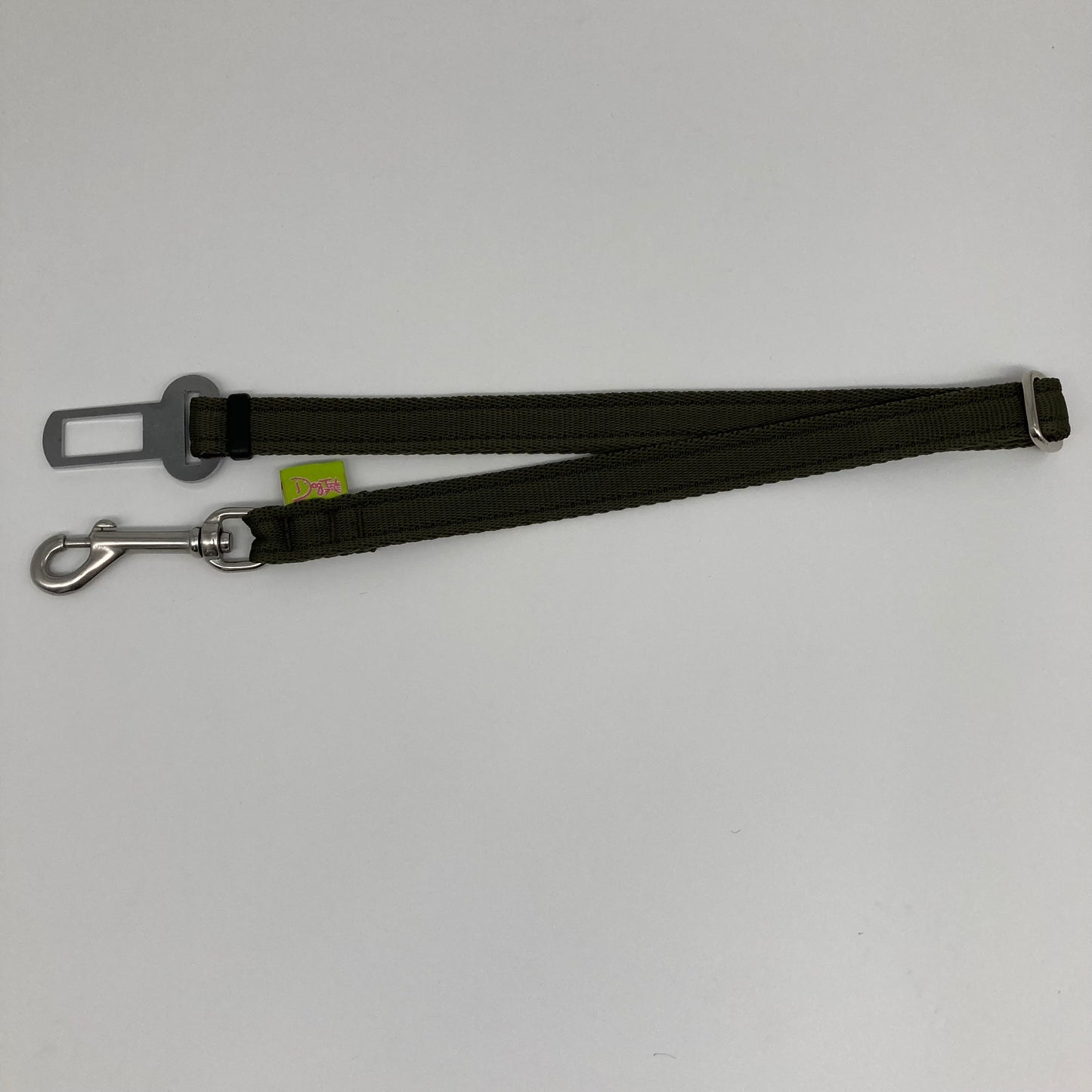olive green car safety belt, showing in full, horizontally