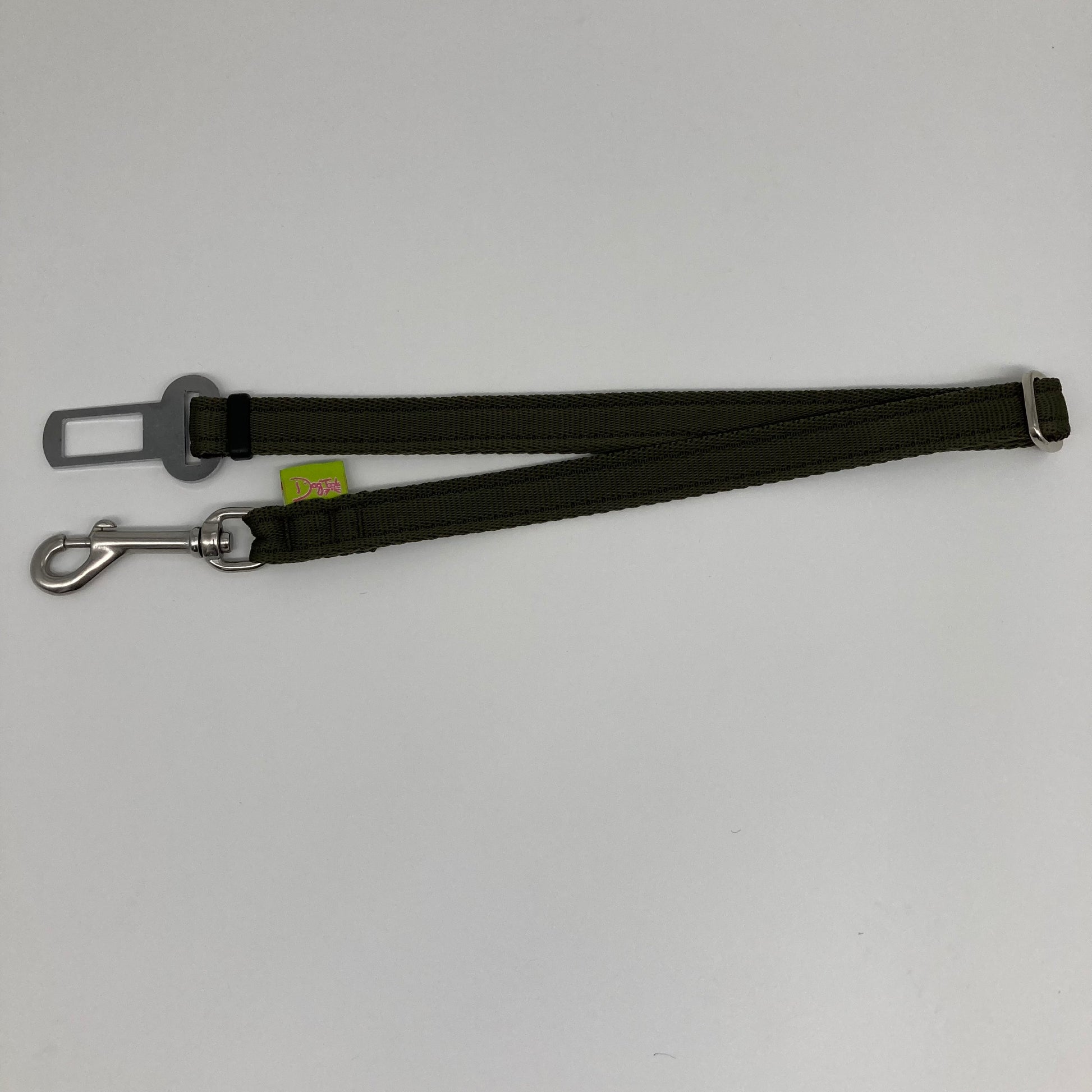 olive green car safety belt, showing in full, horizontally