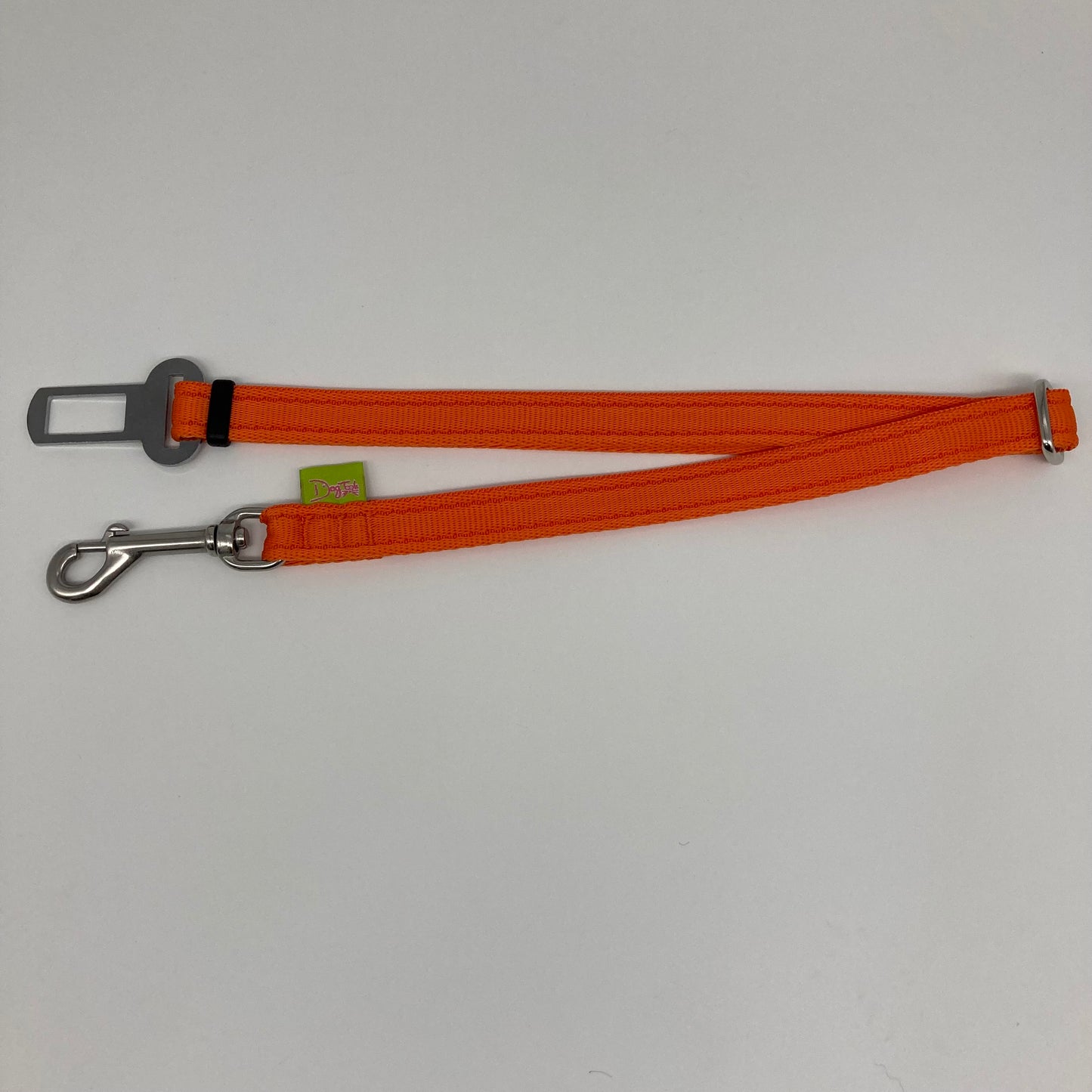 orange car safety belt, showing in full, horizontally