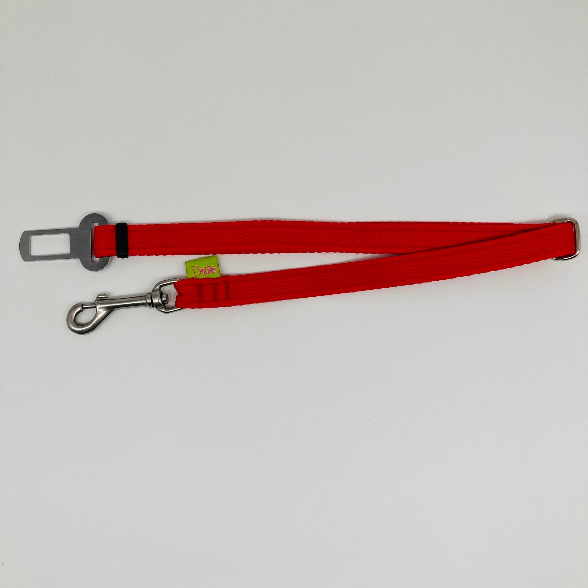 red car safety belt, showing in full, horizontally
