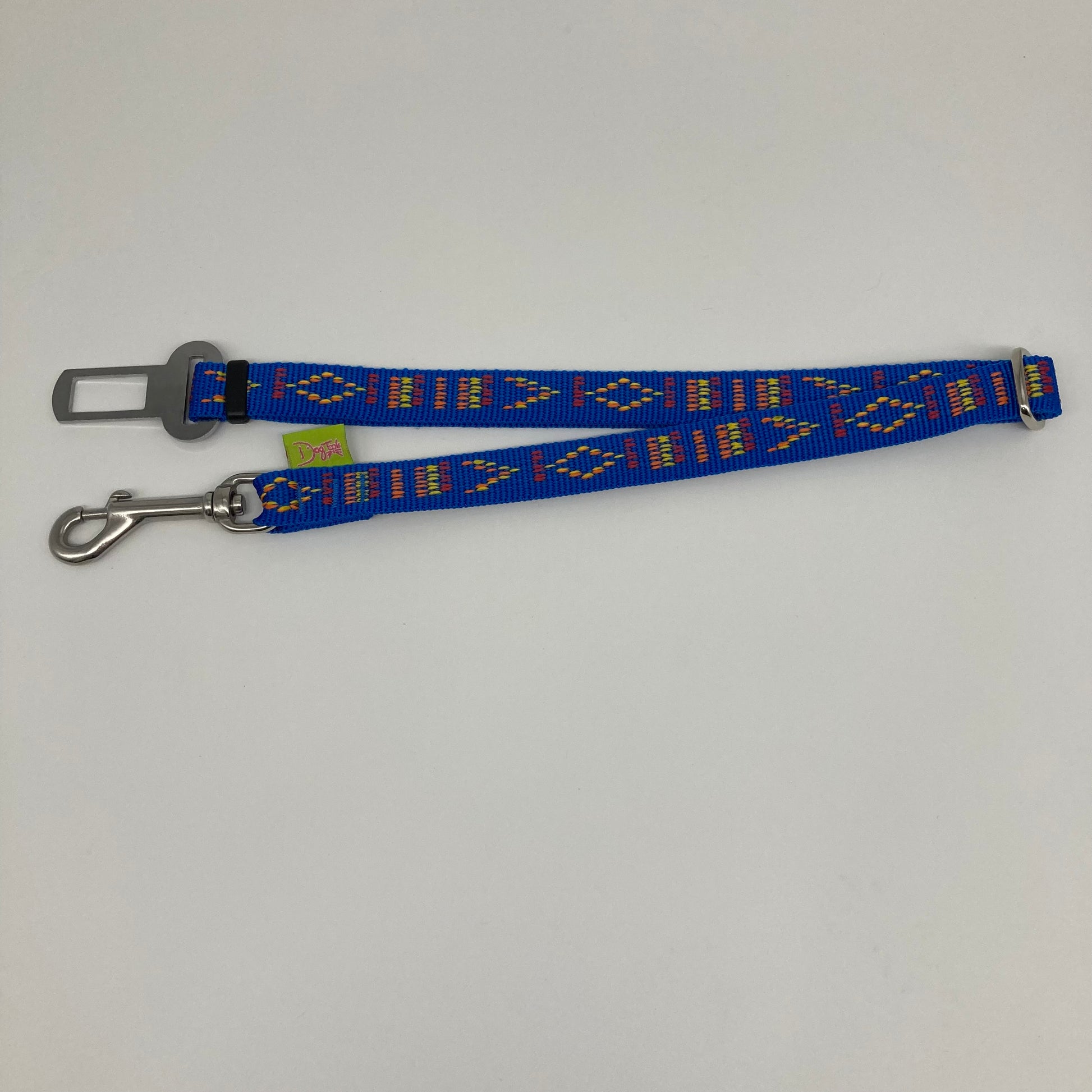 blue Stitch (blue fabric with print in 3 colors, red, yellow and orange) car safety belt, showing in full, horizontally