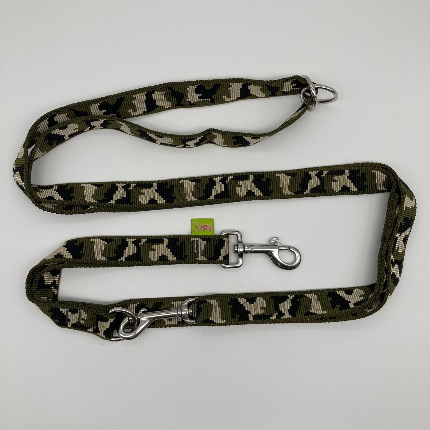 army green (army print in 3 colors, olive green, beige and black) multifunctional leash in size large, shown in full