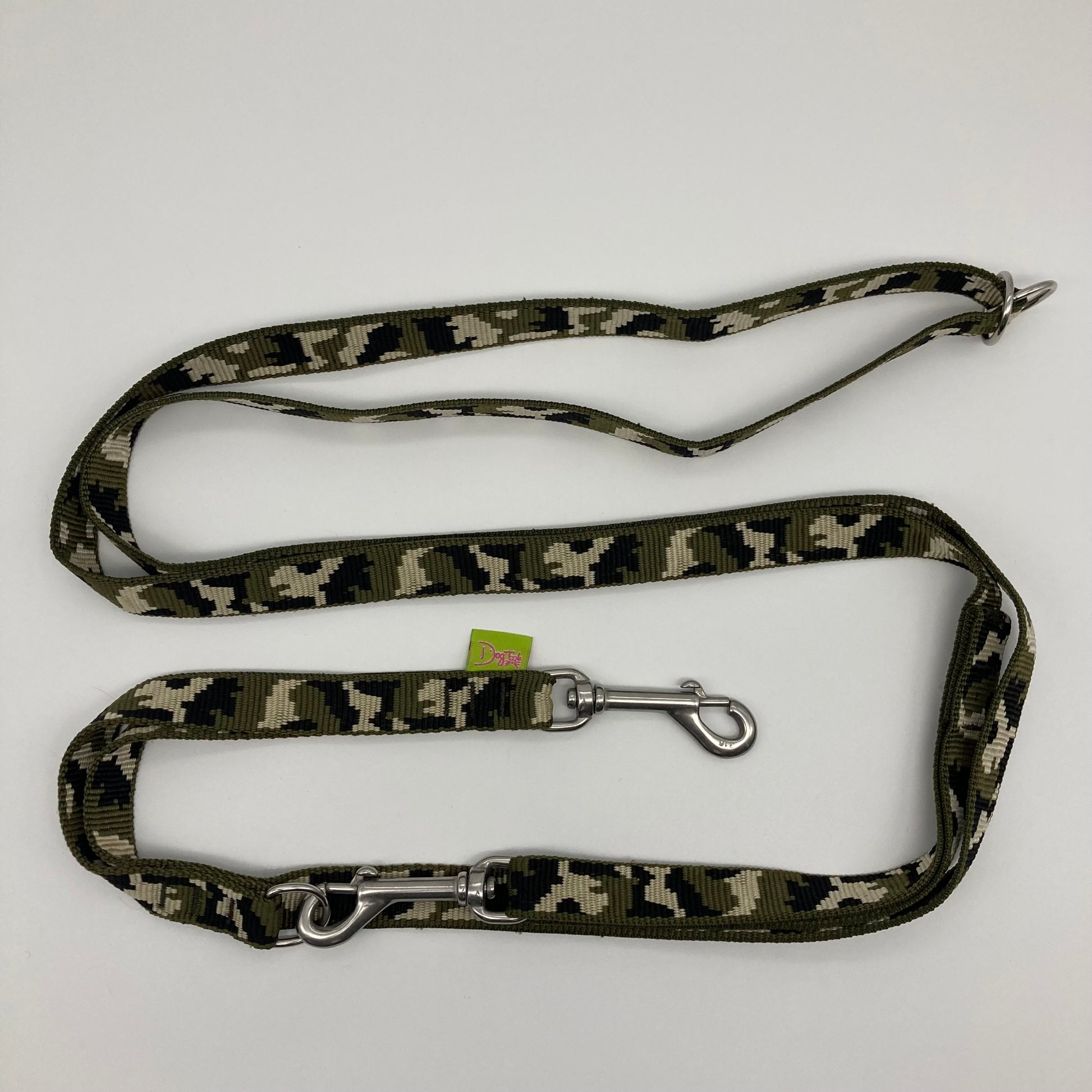 army green (army print in 3 colors, olive green, beige and black) multifunctional leash in size small, shown in full