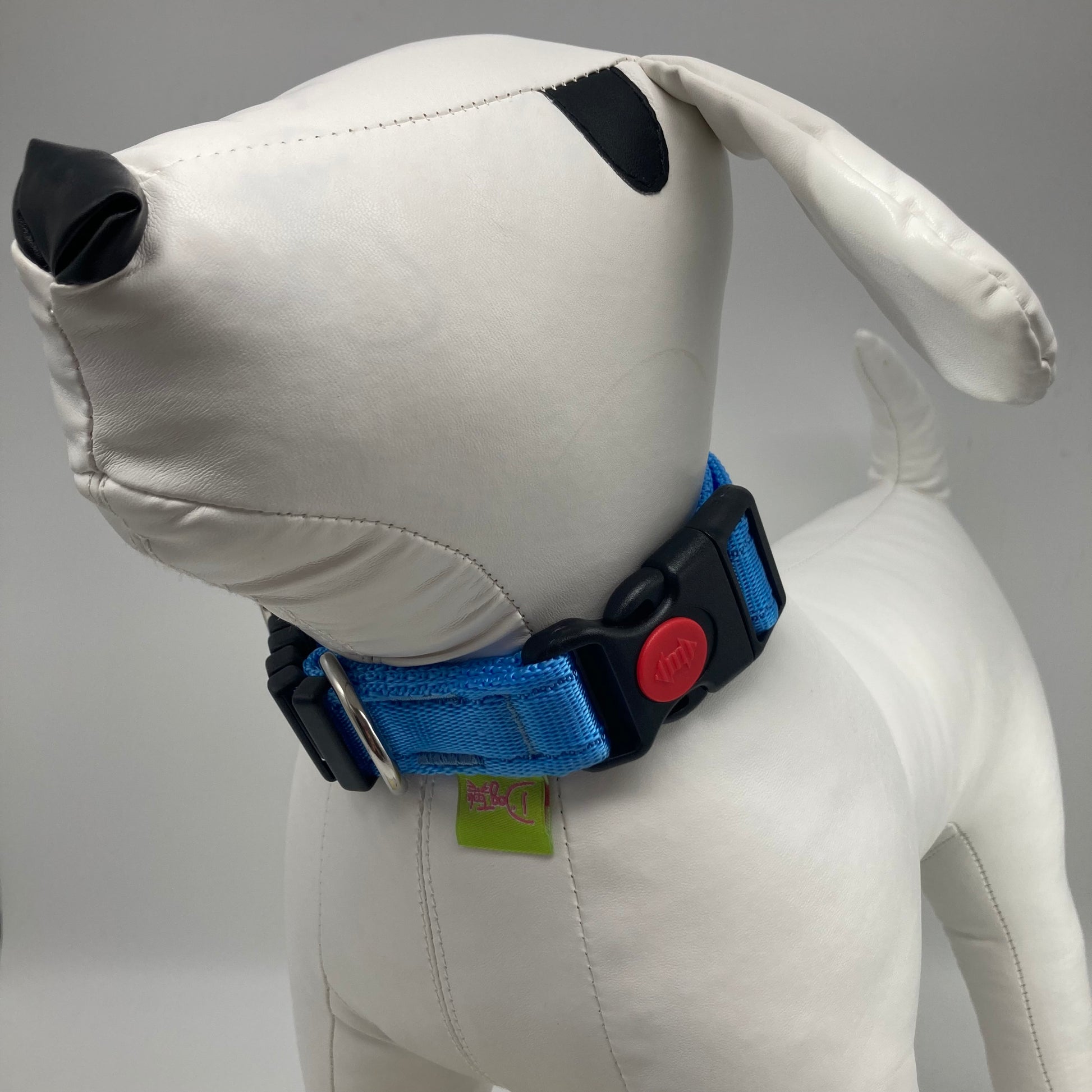 light blue collar displayed on a stuffed toy (dog), from the front of the dog, showing its head and torso