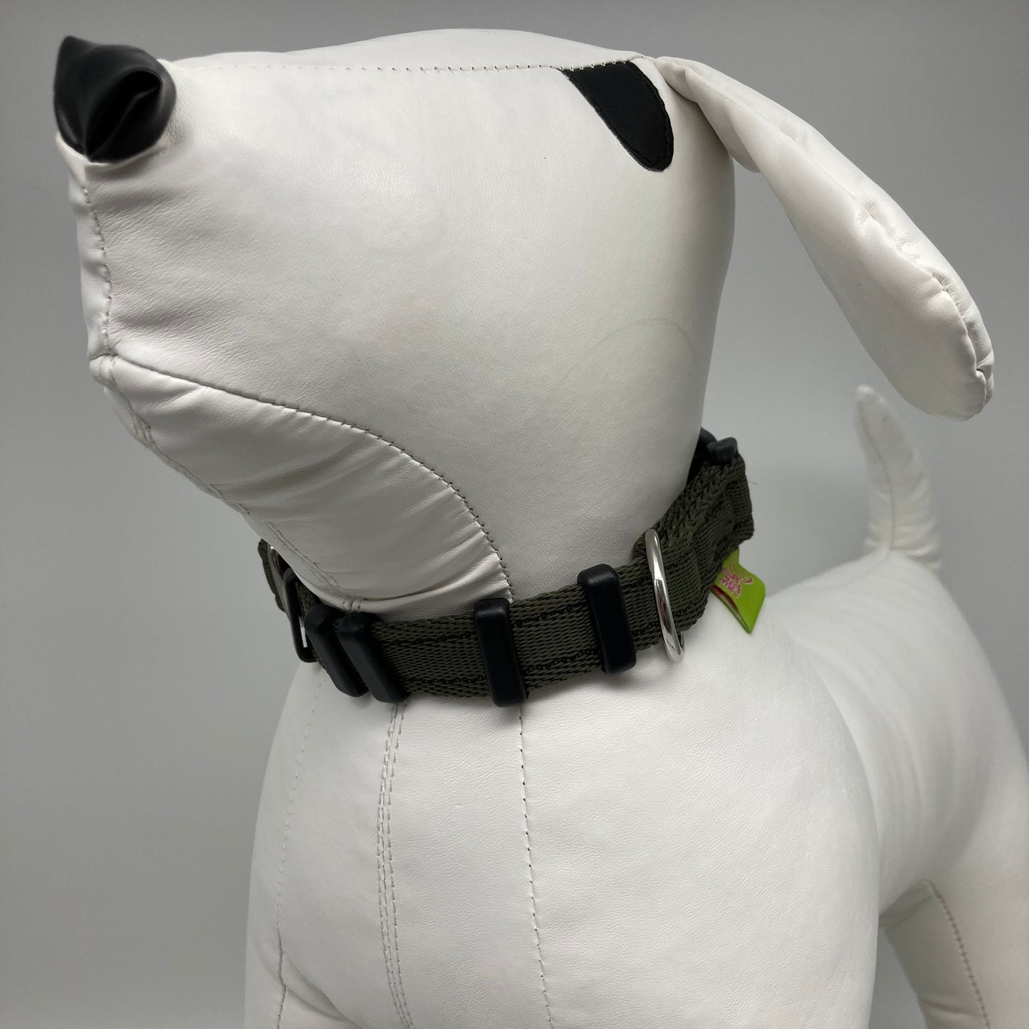 olive green collar displayed on a stuffed toy (dog), from the front of the dog, showing its head and torso
