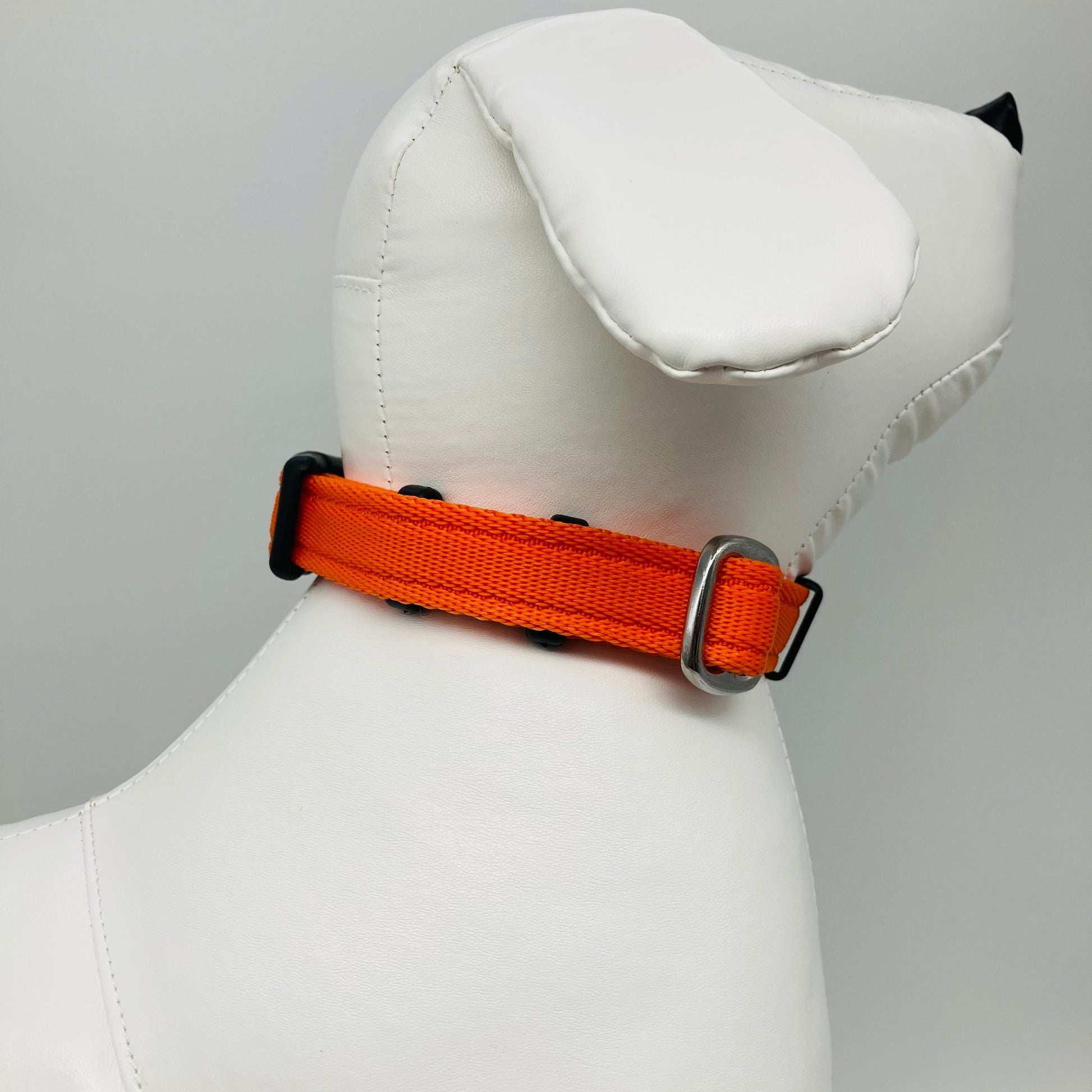 orange collar displayed on a stuffed toy (dog), showing the back of the head and the collar from behind