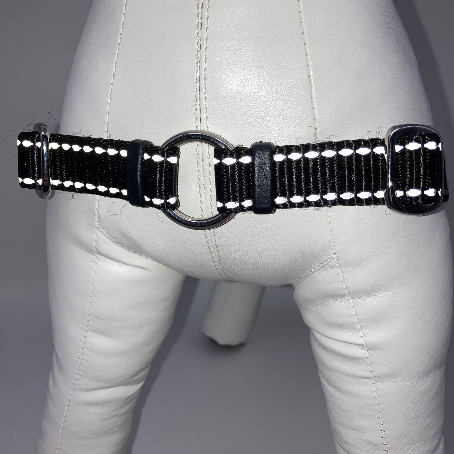 black harness with light reflecting stitches, showing the chest from the front, the stainless steel ring where the leash is attached to