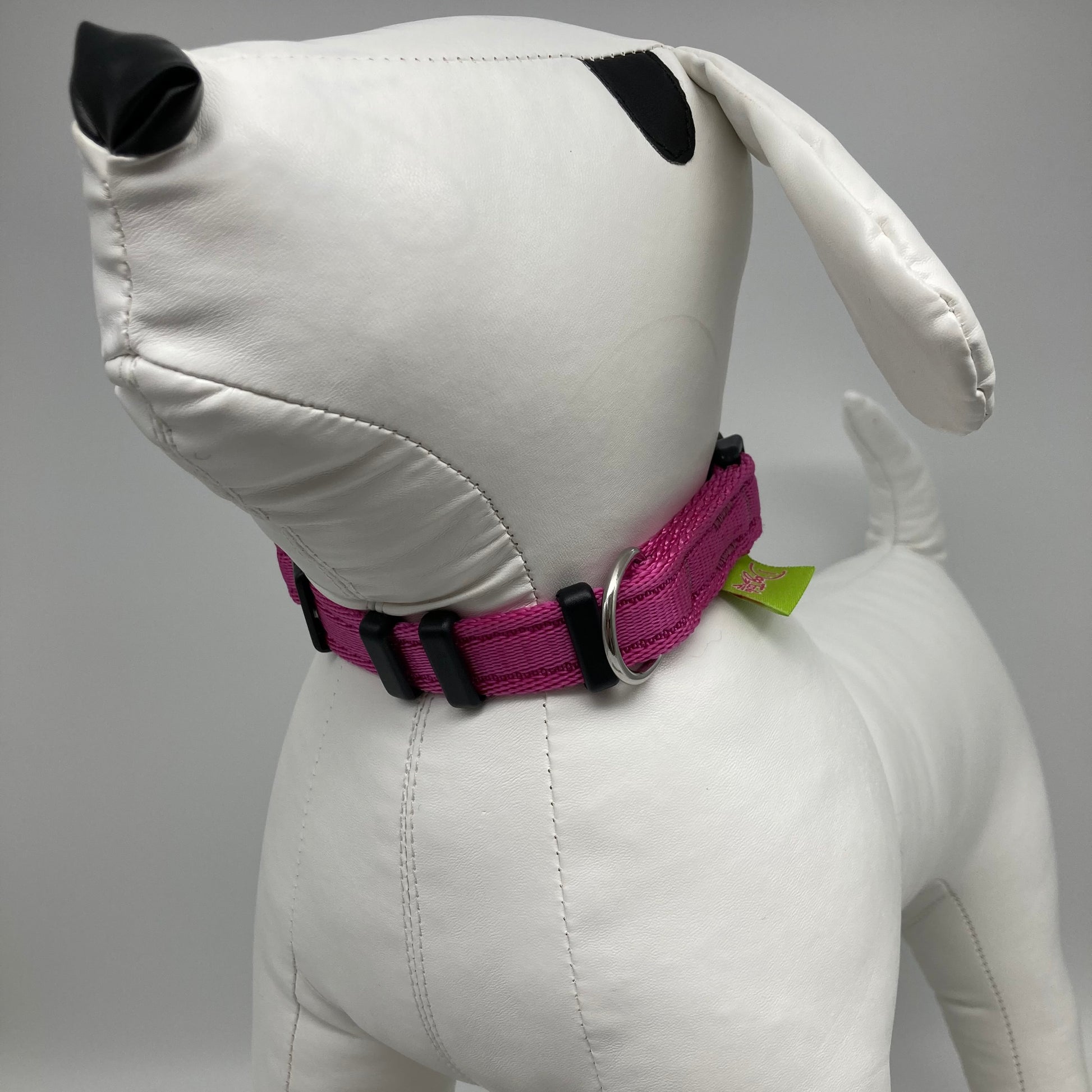 pink collar displayed on a stuffed toy (dog), from the front of the dog, showing its head and torso