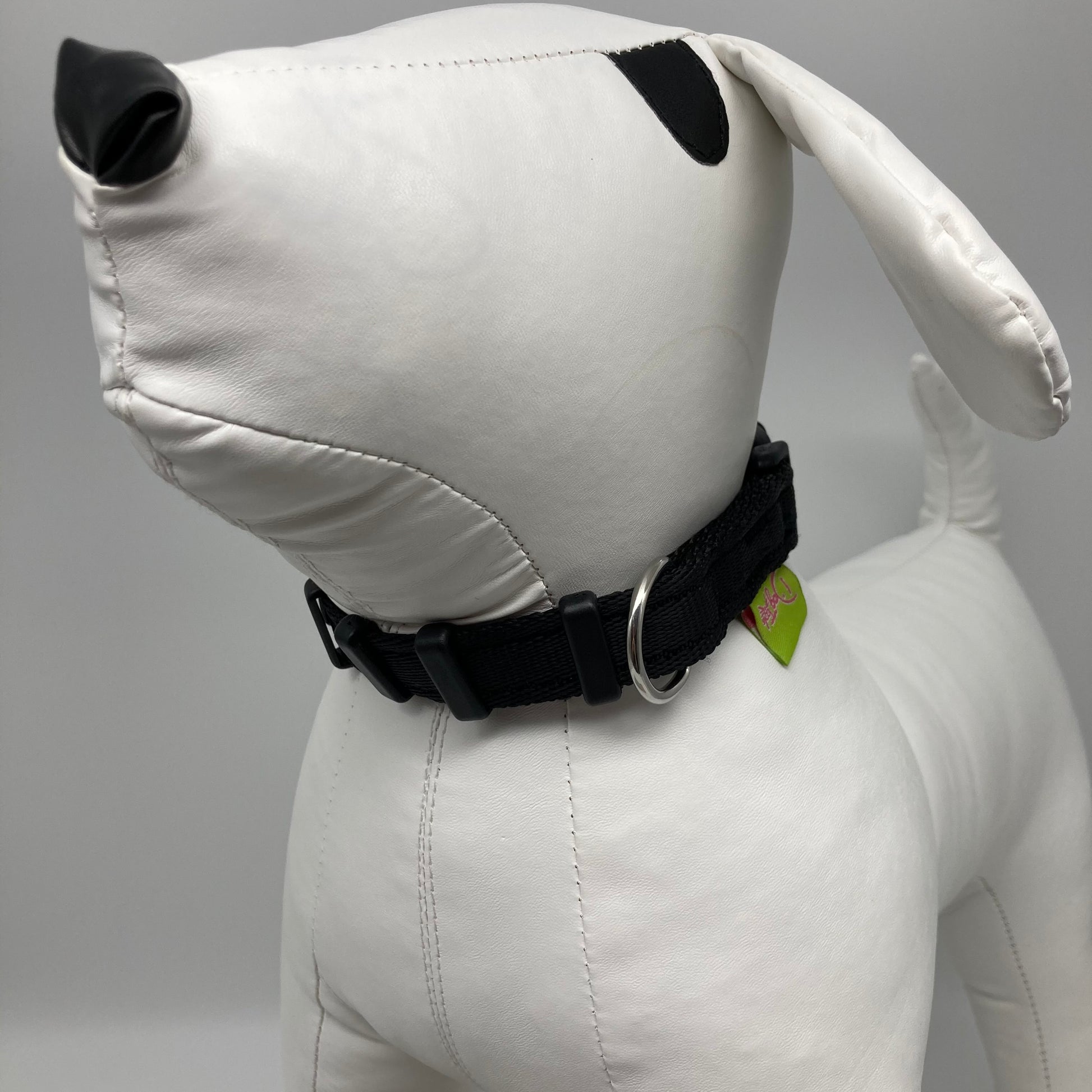 black collar displayed on a stuffed toy (dog), from the front of the dog, showing its head and torso