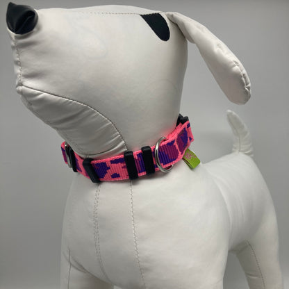army pink (army print in 3 colors, fushia, purple and pink)  collar displayed on a stuffed toy (dog), from the front of the dog, showing its head and torso